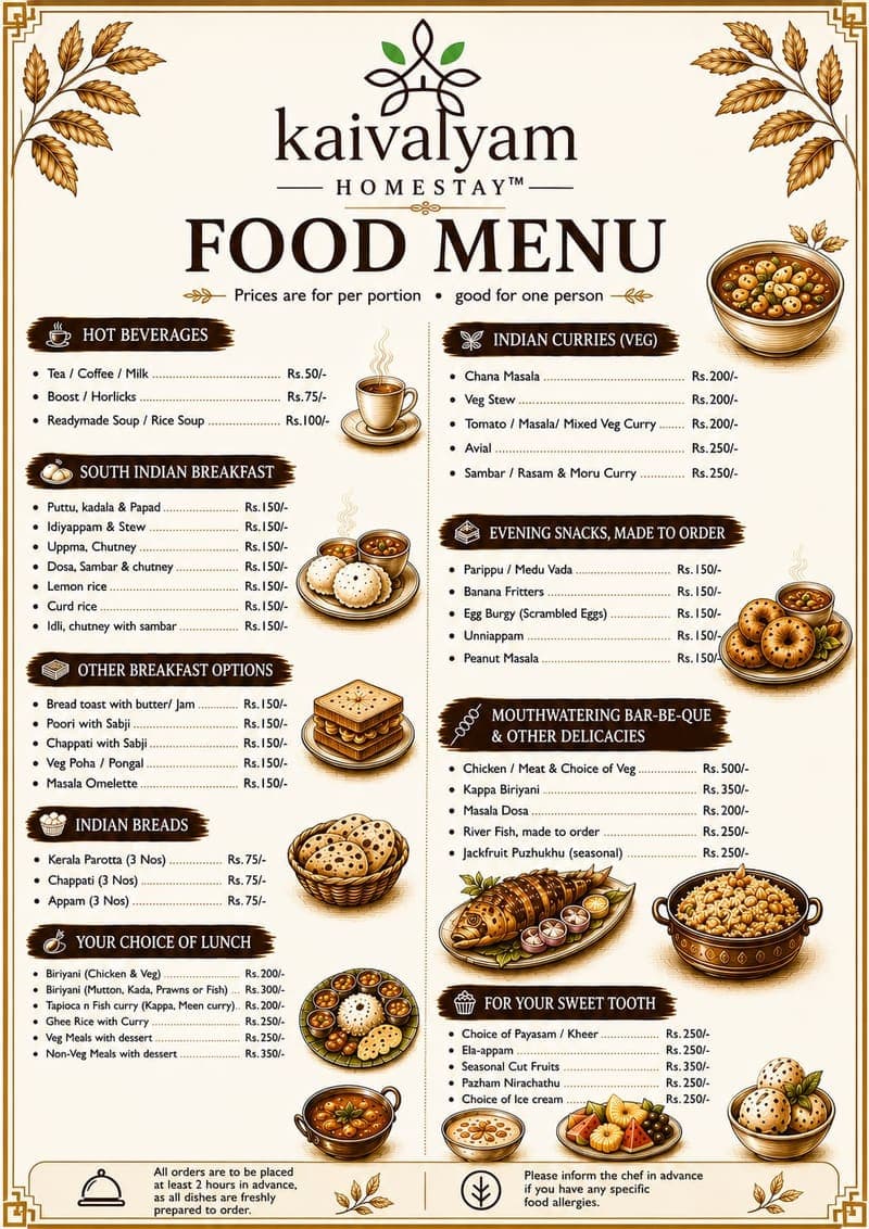 Kaivalyam Homestay inhouse dining menu — Kaivalyam Homestay, Padichira, Wayanad